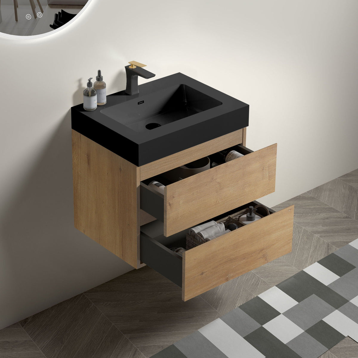 Natural oak bathroom vanity with black countertop and floating quartz sink on Tampa Home & Garden Store