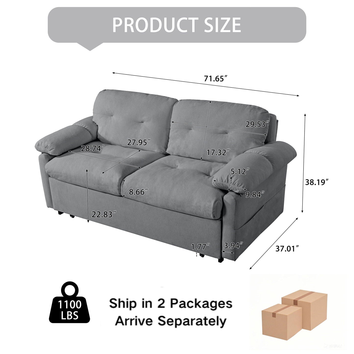 HouseOfZazla convertible pull-out sofa bed Queen 3-in-1 with side storage gray sleeper sofa on Tampa Home & Garden Store