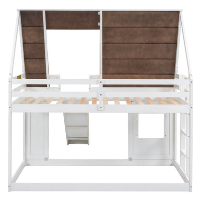 Wood twin-size house bunk bed white with brown panels and ladder on Tampa Home & Garden Store