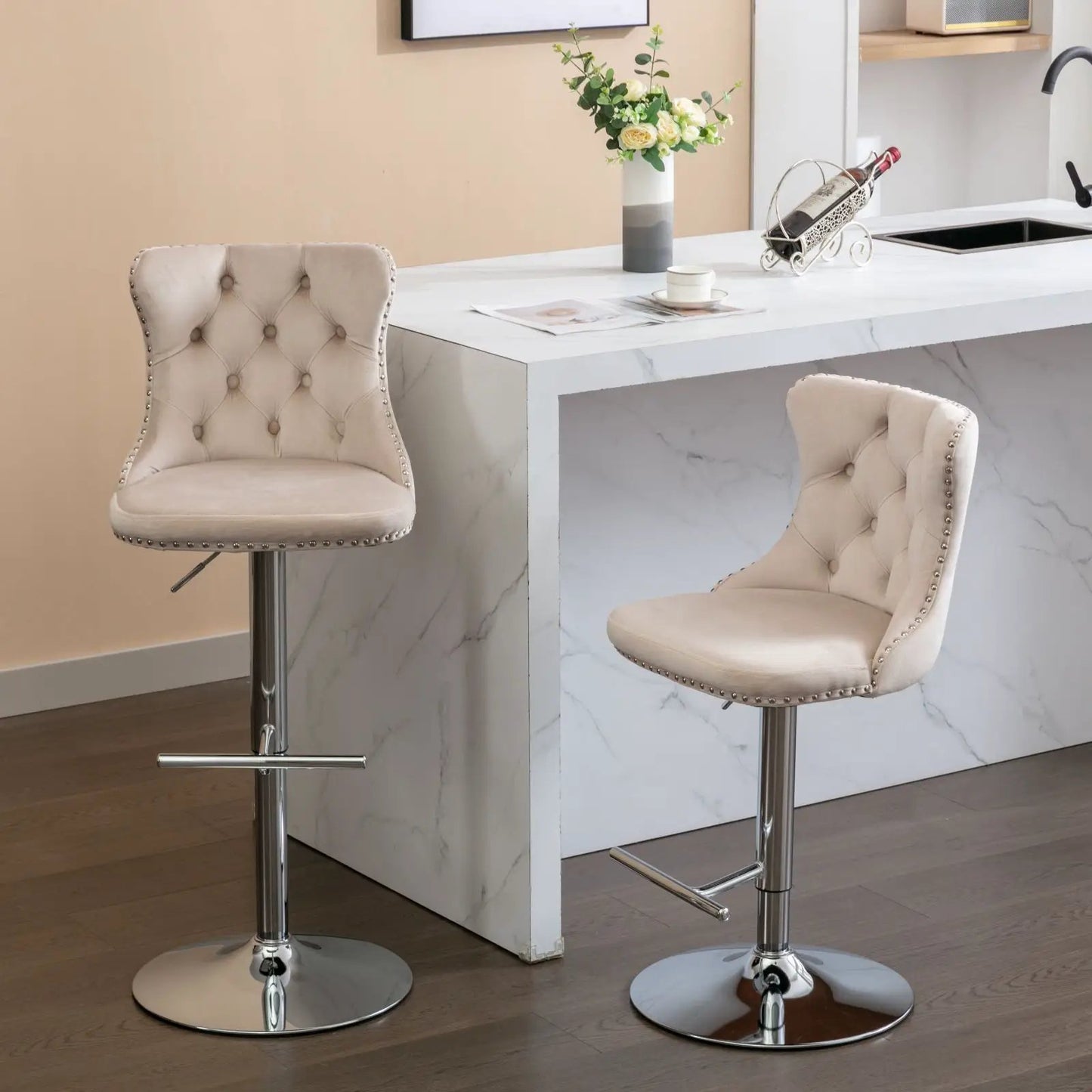 Swivel bar stools tufted beige upholstery adjustable height 25–33 in set of 2 chrome bases on Tampa Home & Garden Store