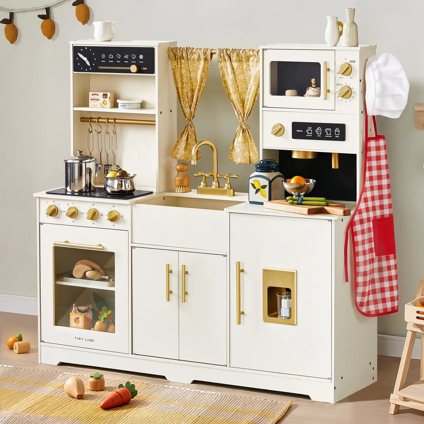 Tiny Land Iconic wooden play kitchen cream with gold hardware, stove, oven, sink on Tampa Home & Garden Store