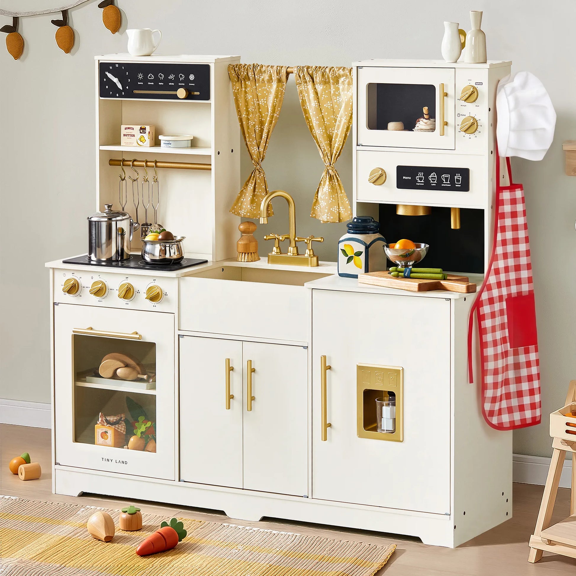 Tiny Land Iconic wooden play kitchen cream with gold hardware, stove, oven, sink on Tampa Home & Garden Store