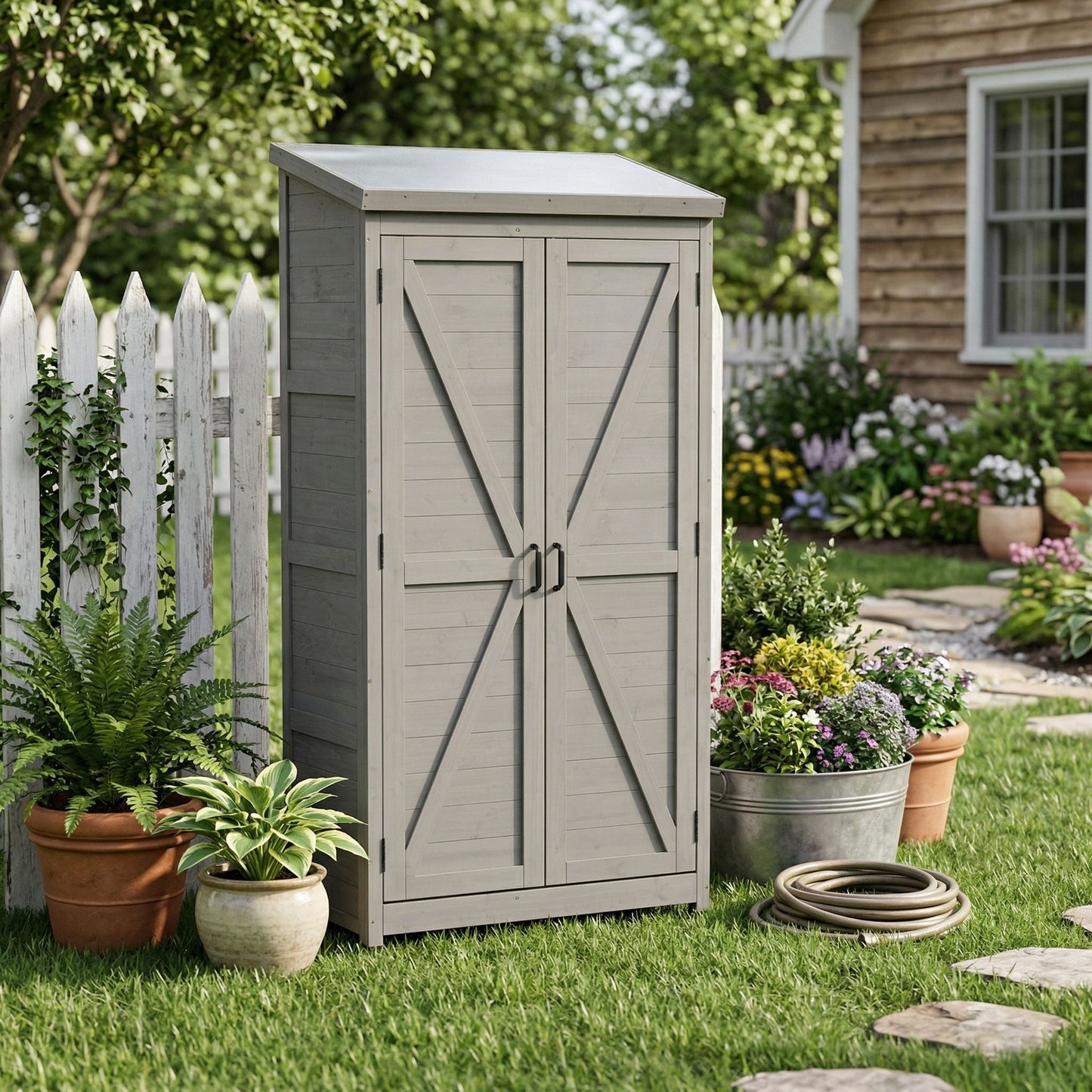 Outdoor Shed With Vertical Tool Cabinet and Shelf