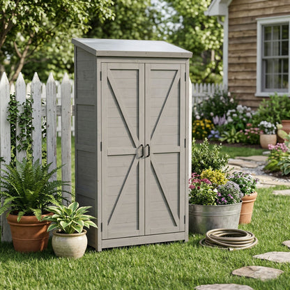 Outdoor Shed With Vertical Tool Cabinet and Shelf
