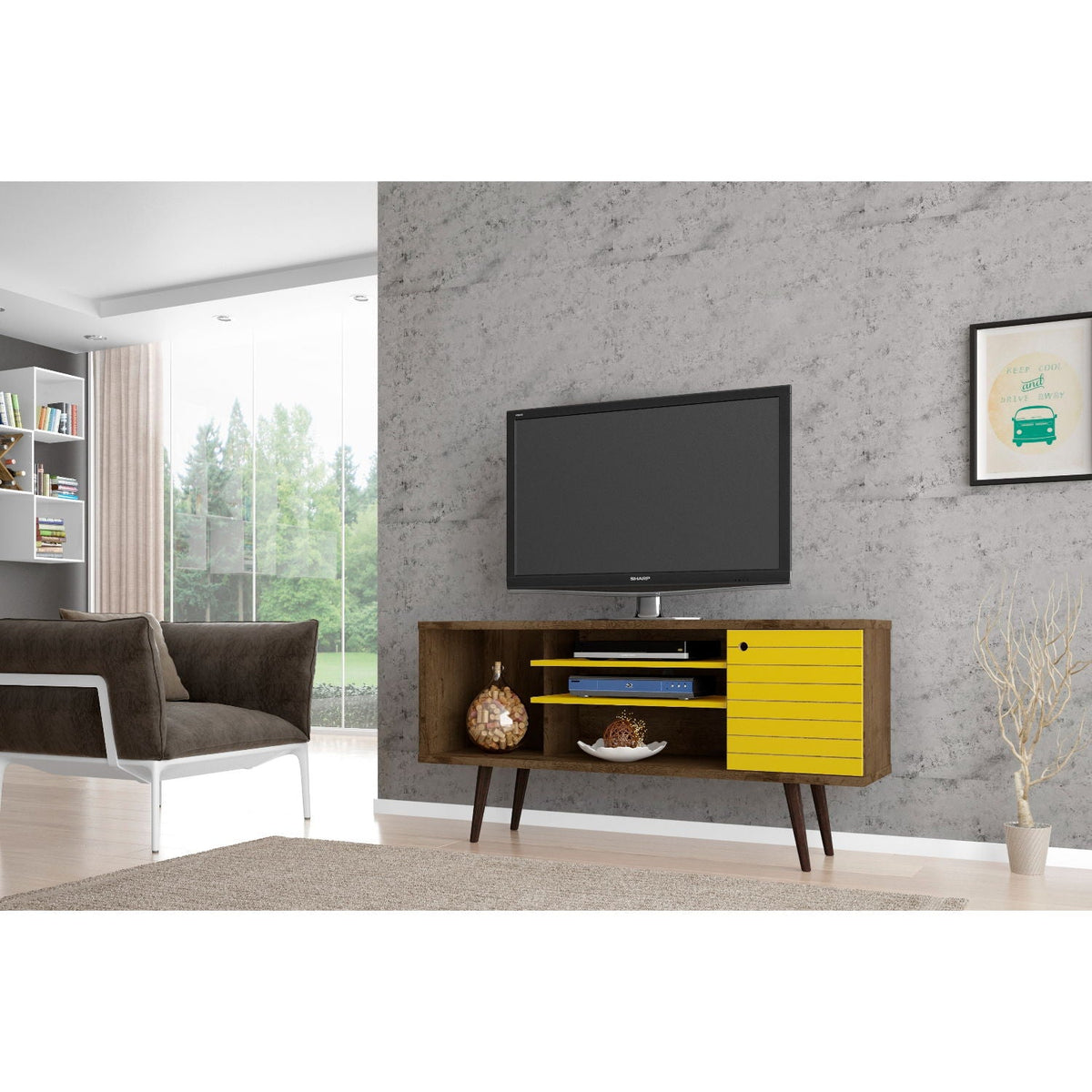 Free Standing TV Stand with Storage in brown wood finish, yellow drawers, open shelves, TV on top on Tampa Home & Garden Store