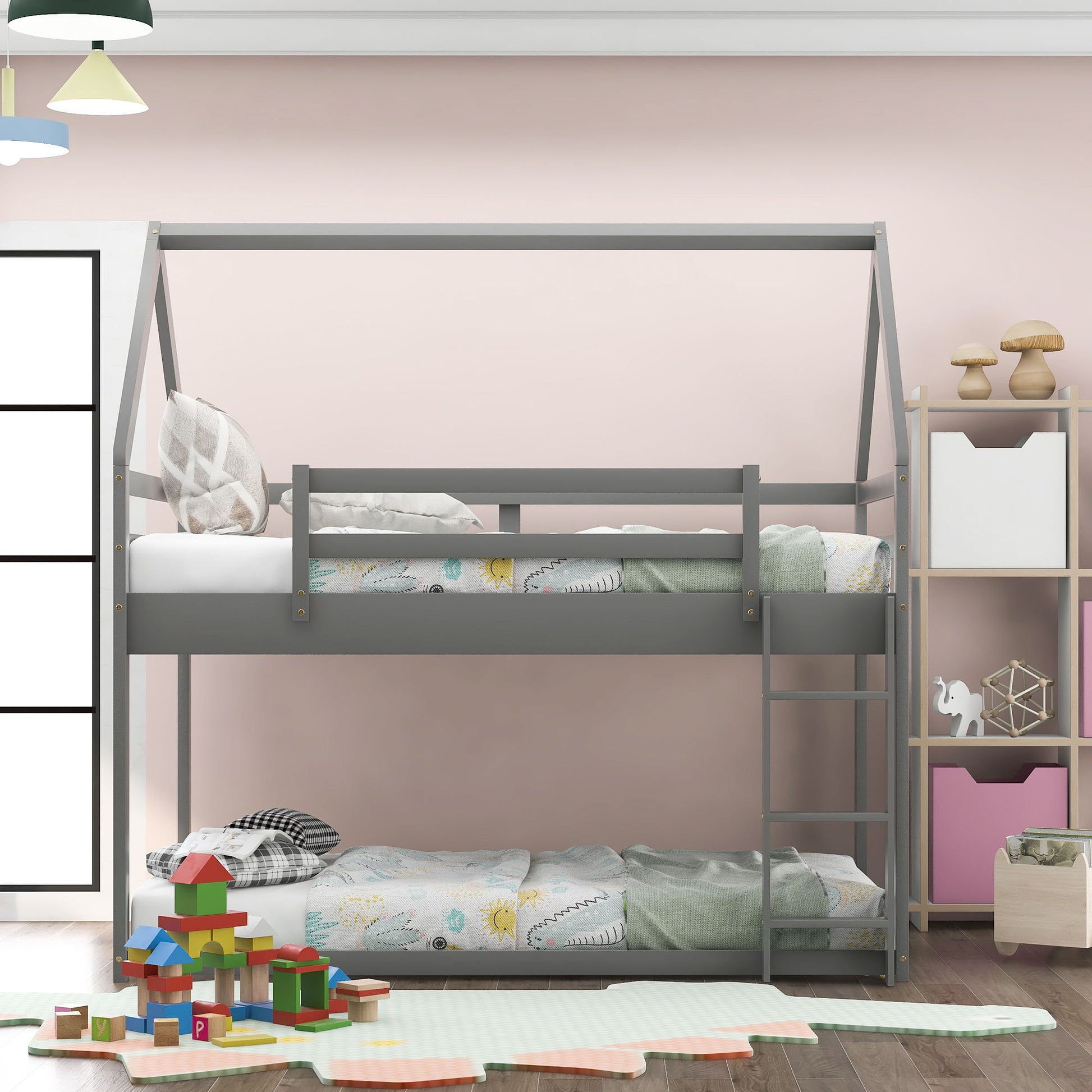 Low bunk bed with house-shaped frame and ladder in gray metal by HouseOfZazla on Tampa Home & Garden Store