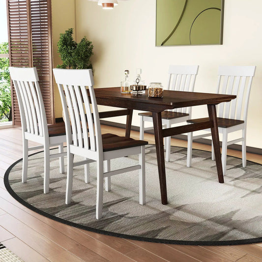 Set of 2 armless dining chairs with slatted back, white frame and dark wood seats on Tampa Home & Garden Store