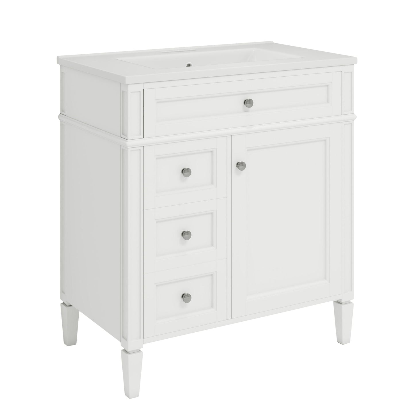 Bathroom vanity with top sink, white modern storage cabinet with 2 drawers and a tip-out drawer on Tampa Home & Garden Store