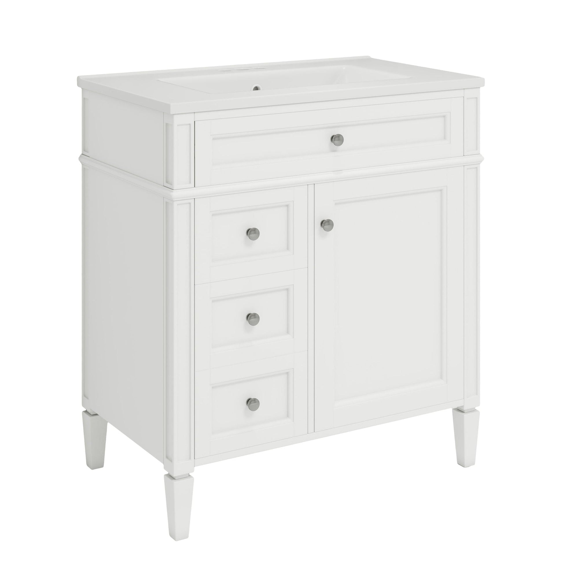 Bathroom vanity with top sink, white modern storage cabinet with 2 drawers and a tip-out drawer on Tampa Home & Garden Store