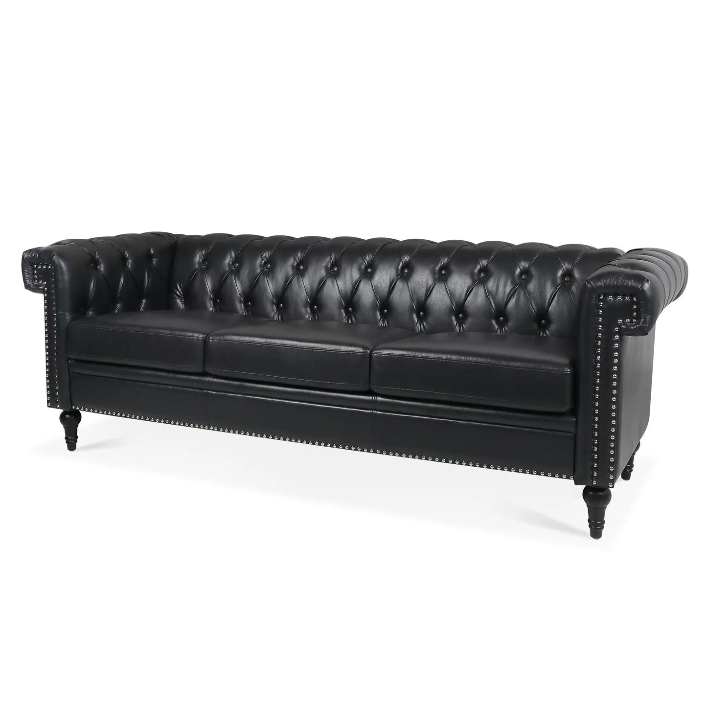 Traditional Square Arm Removable Cushion 3 Seater Sofa in black leather with tufted back on Tampa Home & Garden Store