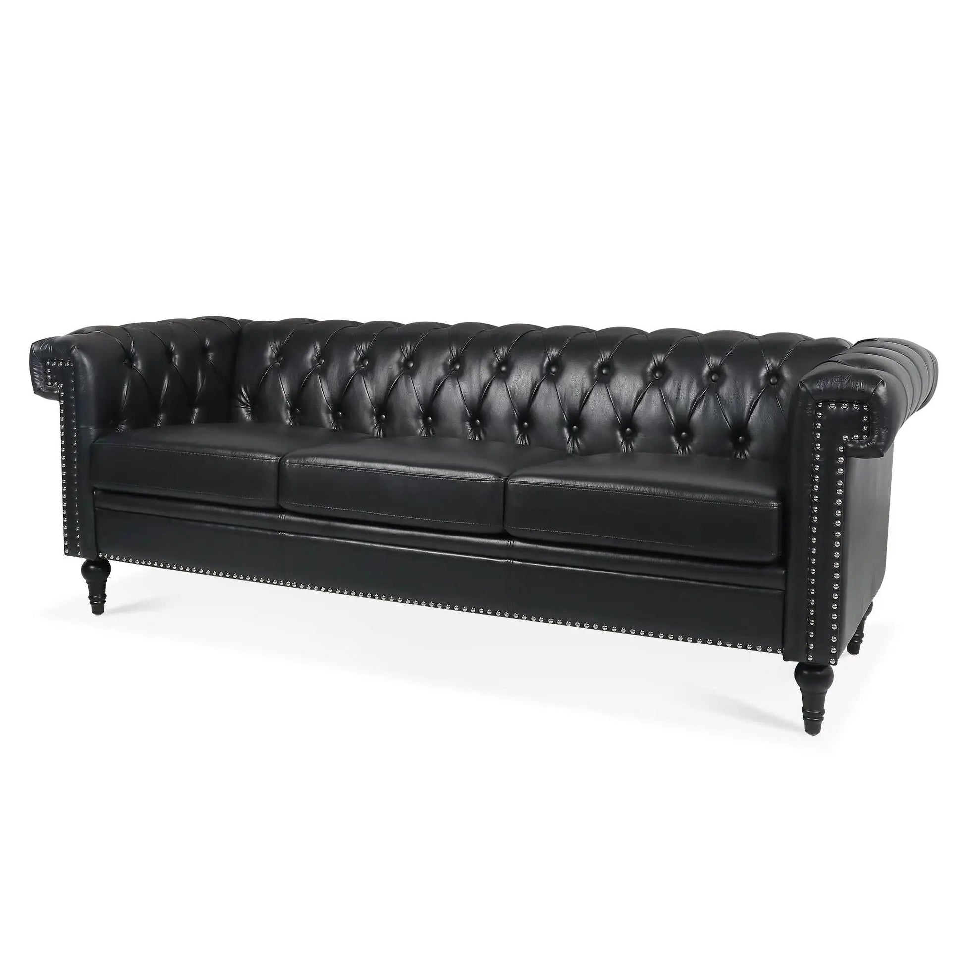 Traditional Square Arm Removable Cushion 3 Seater Sofa in black leather with tufted back on Tampa Home & Garden Store