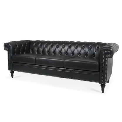 Traditional Square Arm Removable Cushion 3 Seater Sofa in black leather with tufted back on Tampa Home & Garden Store