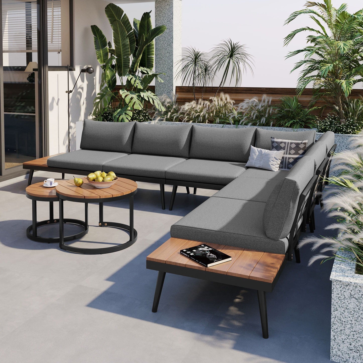 6-piece Modern Outdoor Sectional Sofa Set with two nesting coffee tables in gray cushions on Tampa Home & Garden Store
