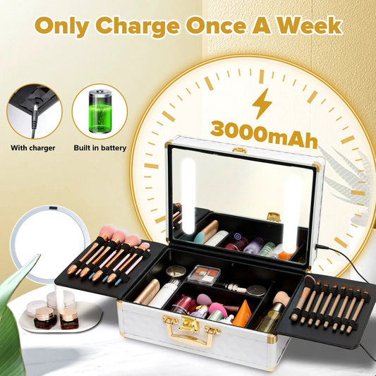 Portable Makeup Case with LED Mirror and Locks, white with gold hardware, built-in battery on Tampa Home & Garden Store