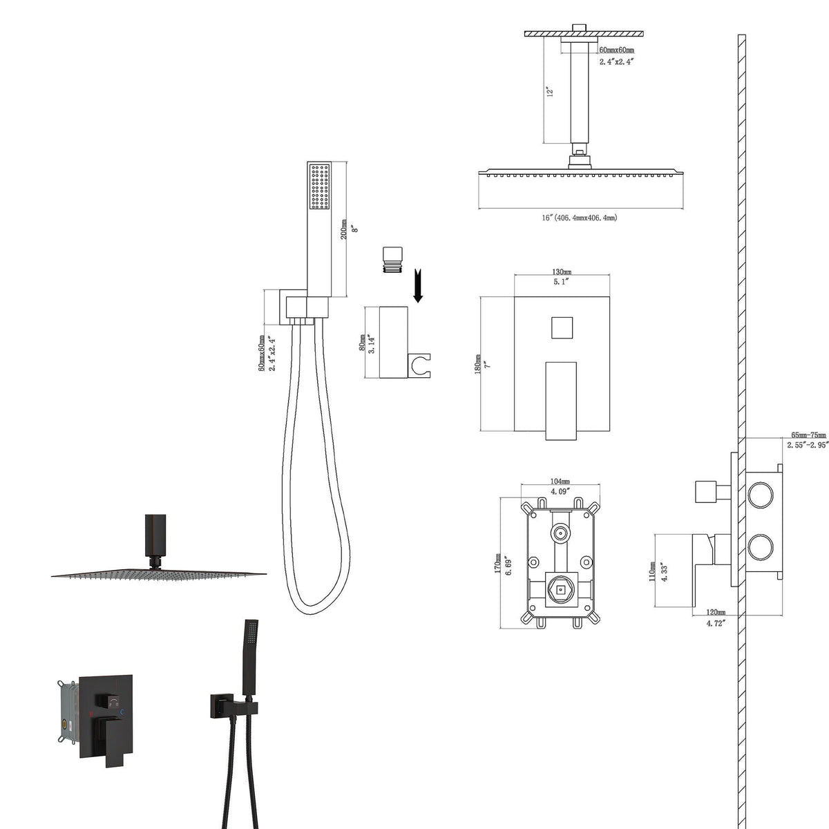 Dual Shower Head 16in Ceiling Mount Shower System gray with valve by HouseOfZazla on Tampa Home & Garden Store