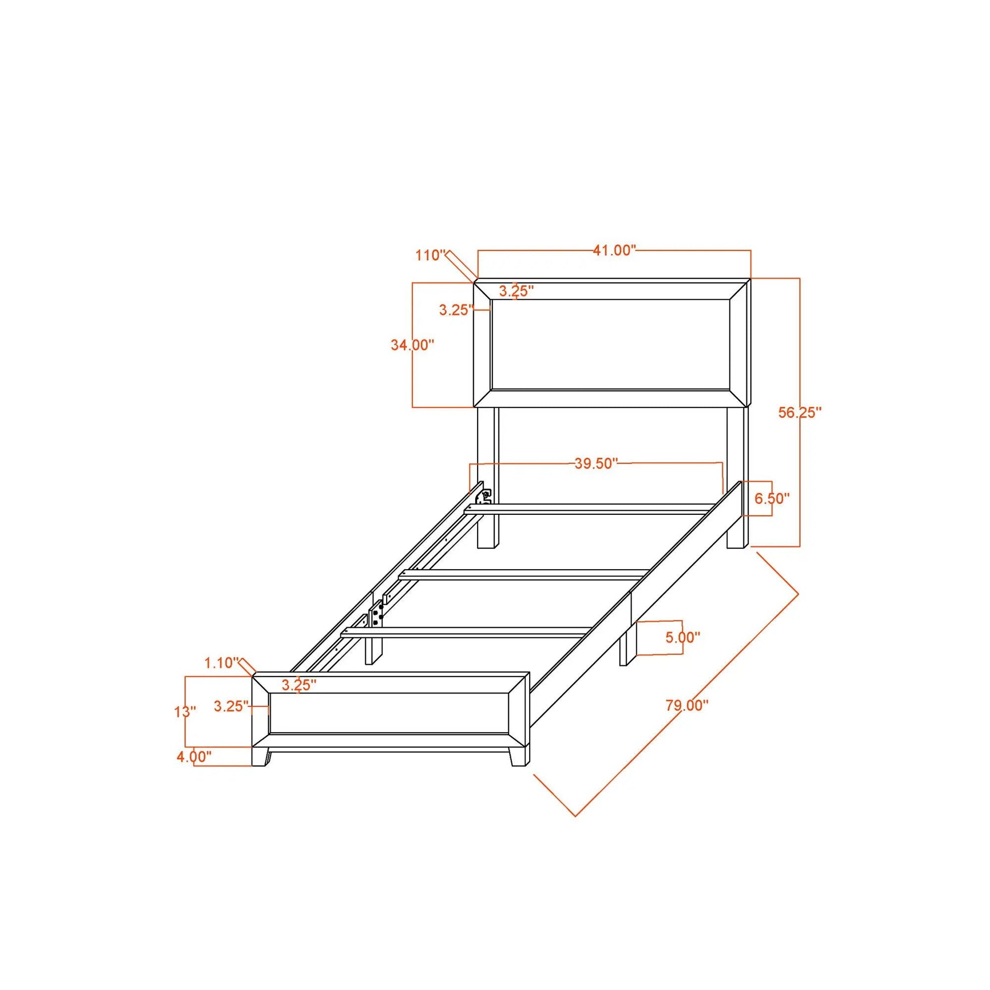 Soluto Bed platform schematic with headboard and rails orange measurement labels on Tampa Home & Garden Store