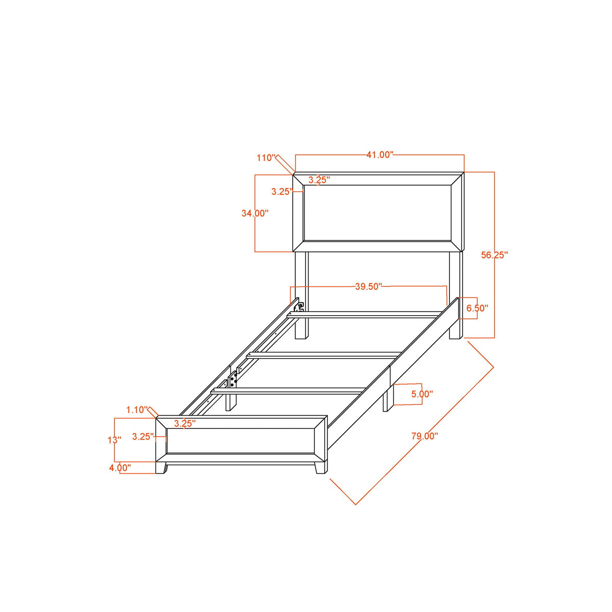 Soluto Bed platform bed frame by HouseOfZazla; detailed schematic with orange measurements on Tampa Home & Garden Store