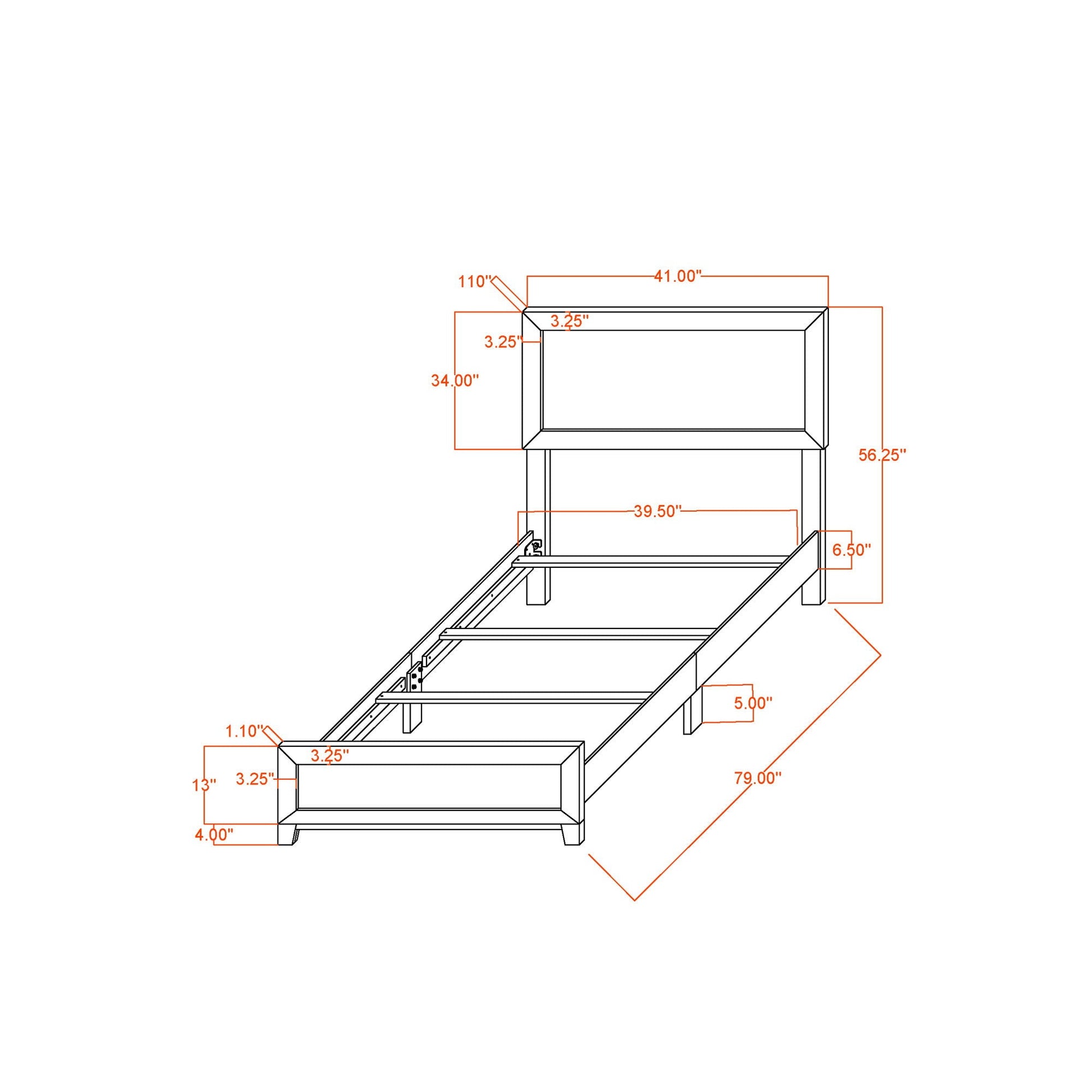 Soluto Bed platform bed frame by HouseOfZazla; detailed schematic with orange measurements on Tampa Home & Garden Store