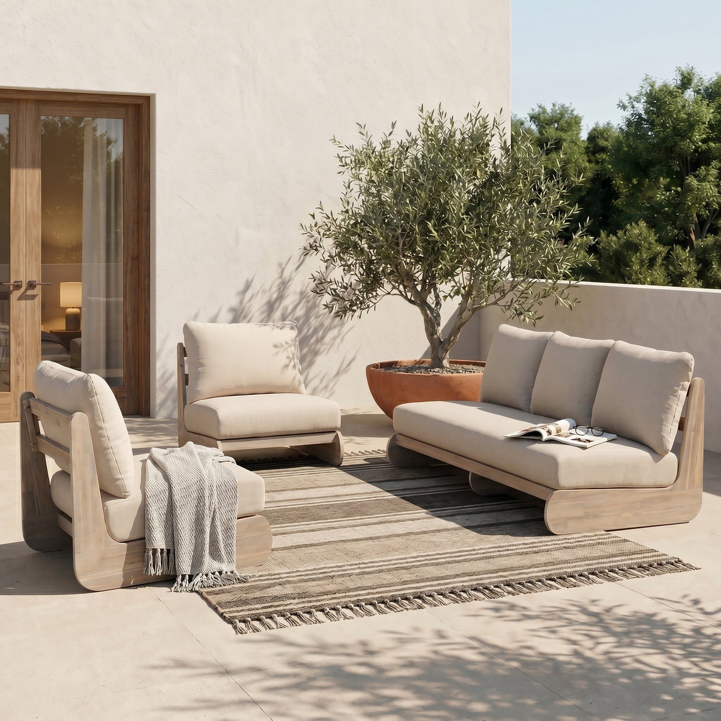 Outdoor Acacia Lazy 5 Seater Chat Set beige cushions, light wood frames HouseOfZazla on Tampa Home & Garden Store