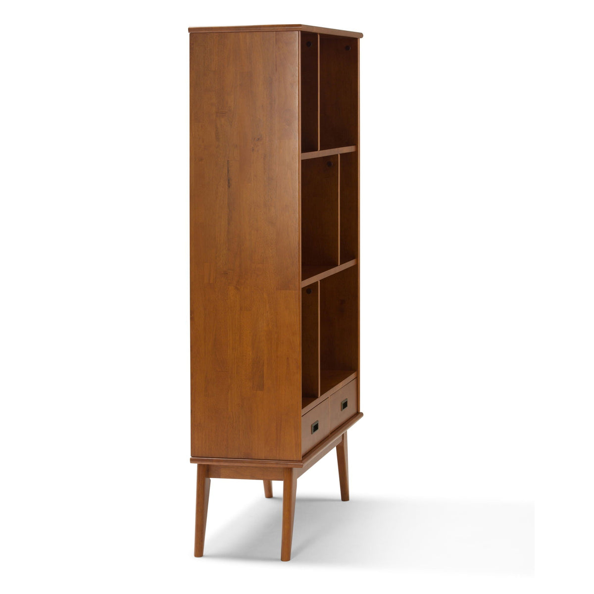 Mid Century Wide Bookcase with storage drawers in walnut finish, open shelves and tapered legs on Tampa Home & Garden Store
