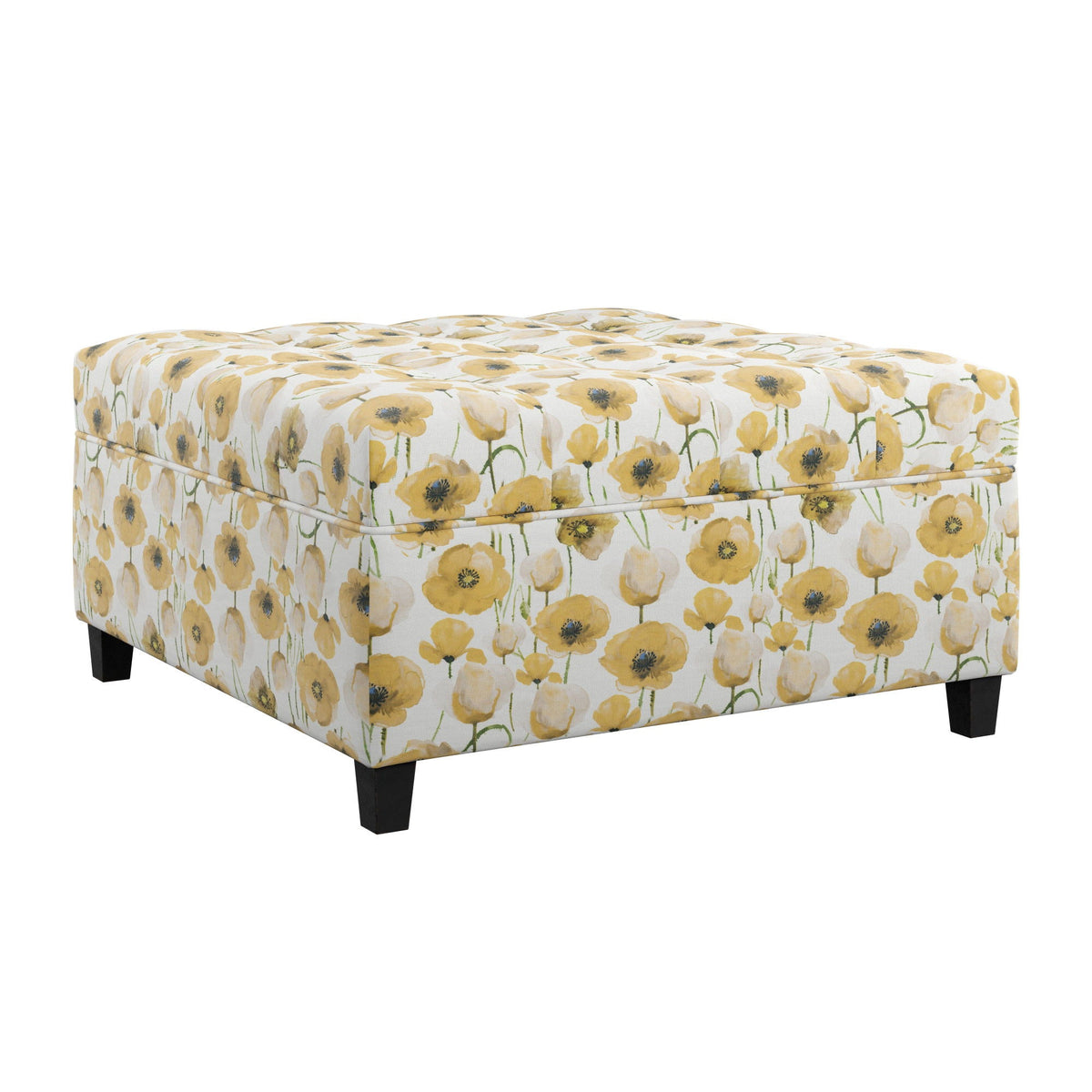 Floral storage ottoman in yellow gold upholstery with traditional design and black legs on Tampa Home & Garden Store