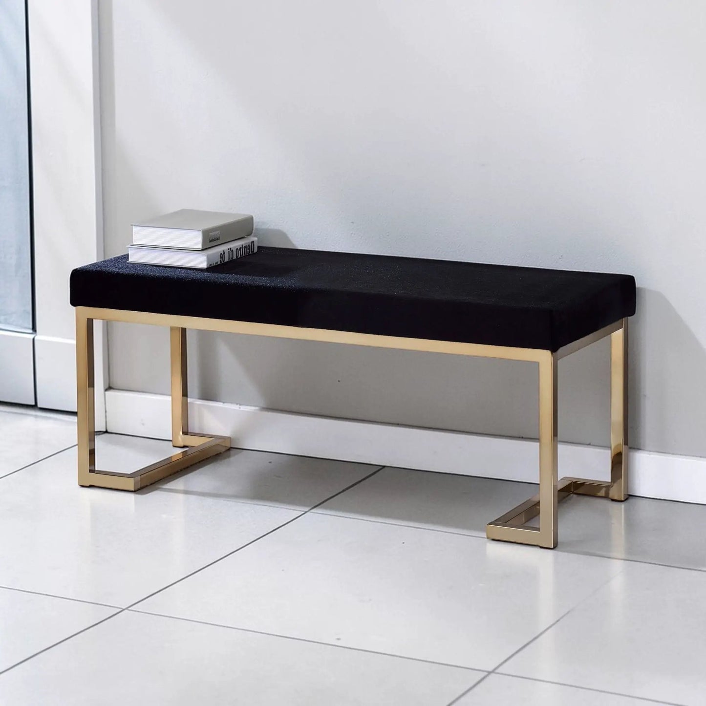 Boice bench black upholstered seat with gold metal legs by Unique Piece Furniture on Tampa Home & Garden Store