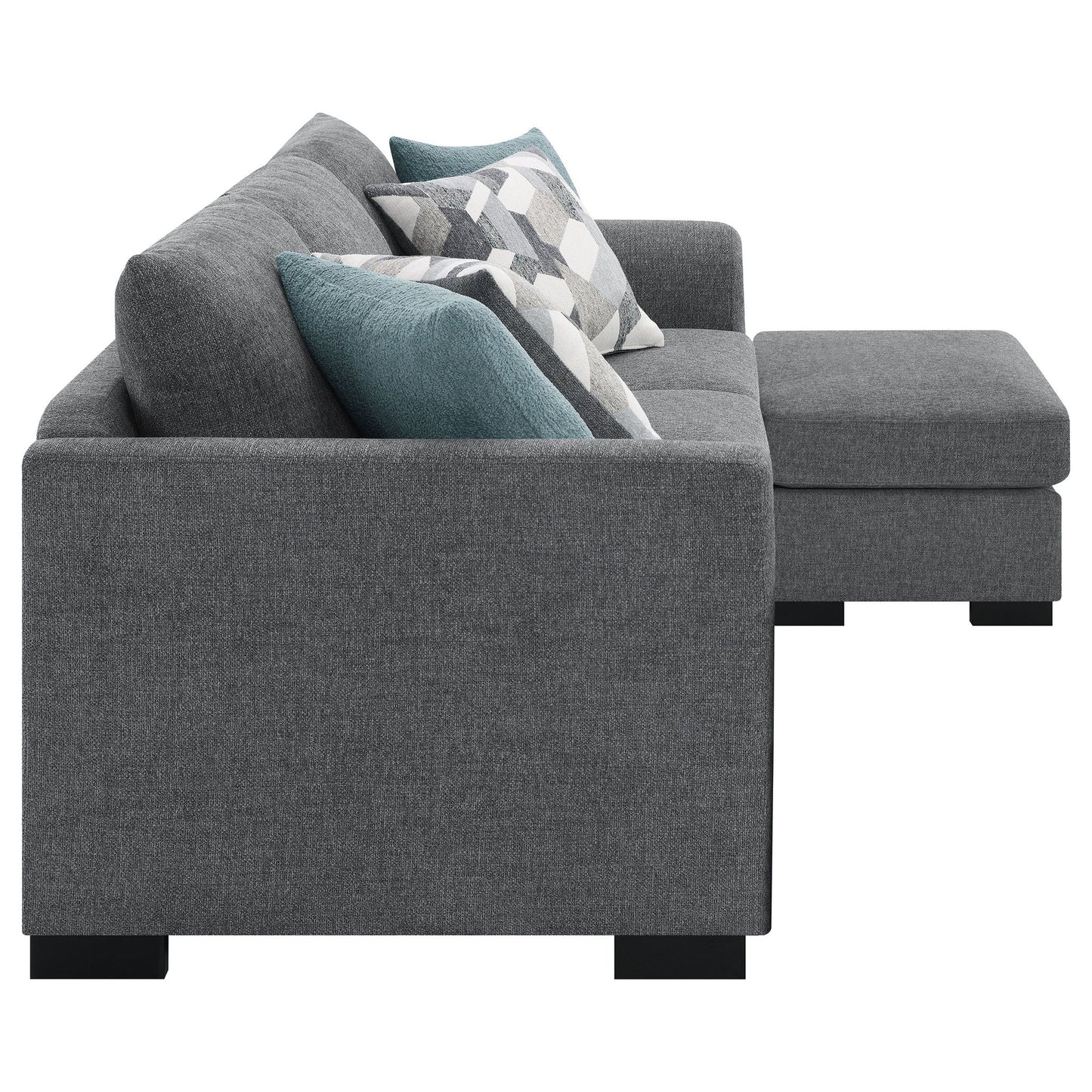 Pacheco sleeper sectional chaise sofa gray fabric with teal pillows on black legs on Tampa Home & Garden Store