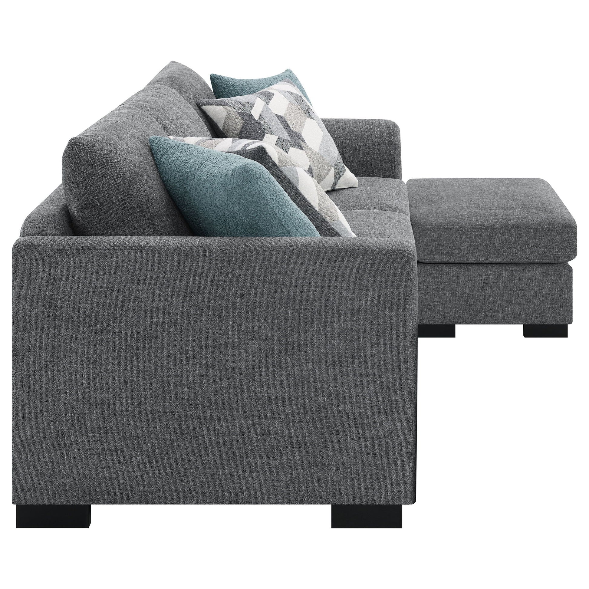 Pacheco sleeper sectional chaise sofa gray fabric with teal pillows on black legs on Tampa Home & Garden Store