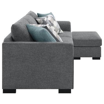 Pacheco sleeper sectional chaise sofa gray fabric with teal pillows on black legs on Tampa Home & Garden Store