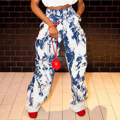 Washed tie-dye high-waist straight jeans with pocket stitching by FLIPSTYLEZLLC, blue and white on Tampa Home & Garden Store