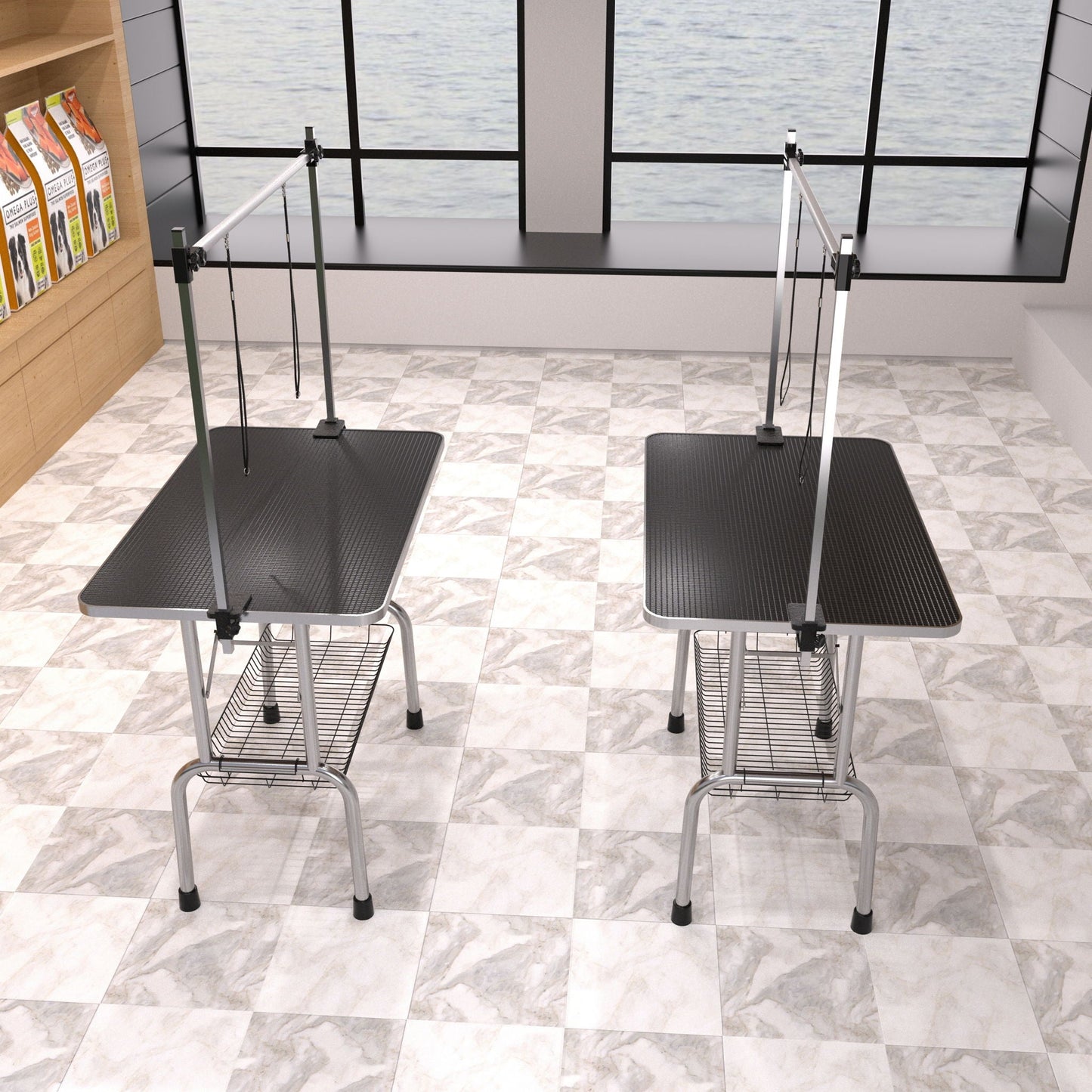 Grooming tables, adjustable black with arms, nooses and mesh trays, pair setup on Tampa Home & Garden Store