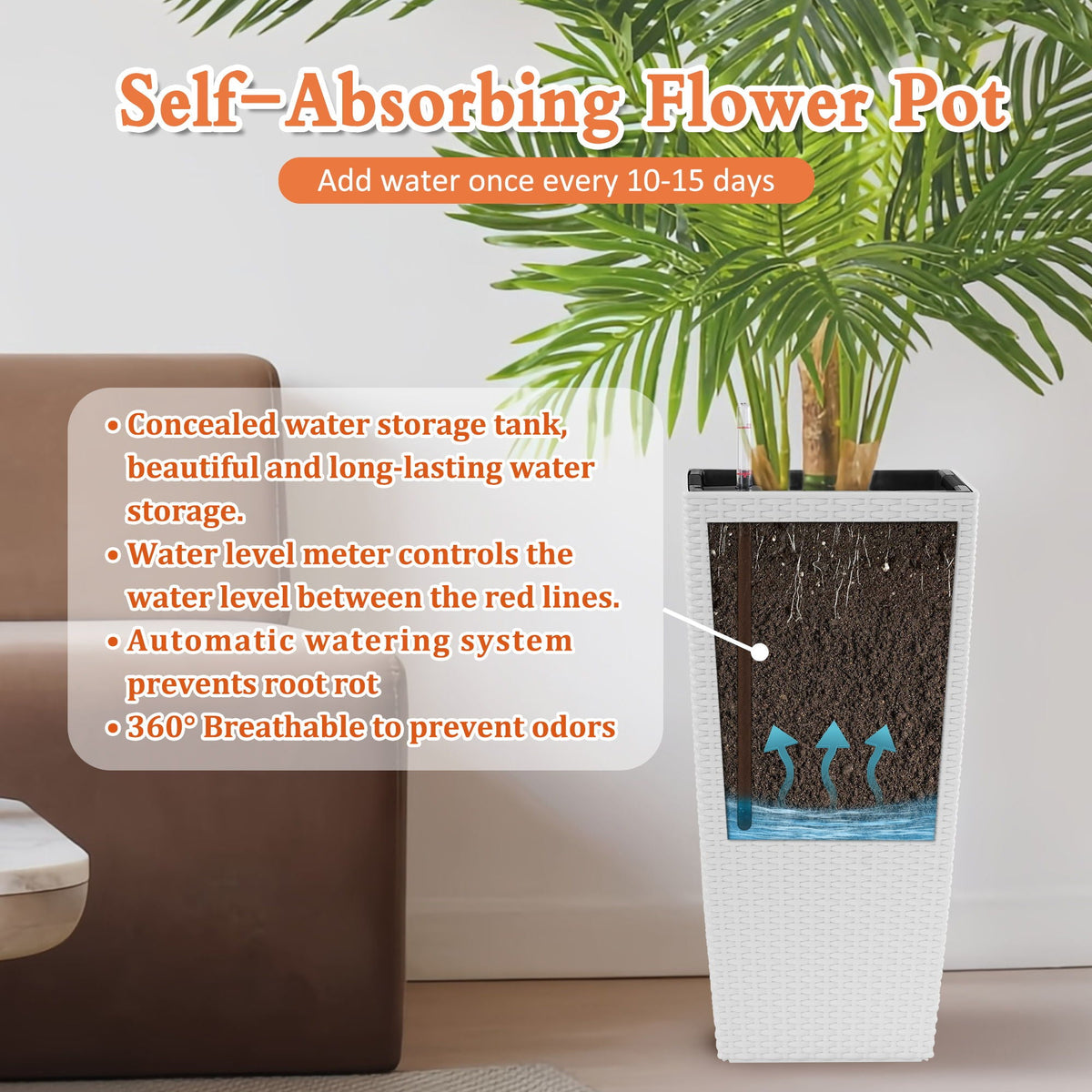 Indoor Outdoor Planter Automatic Watering System white woven planter water reservoir on Tampa Home & Garden Store