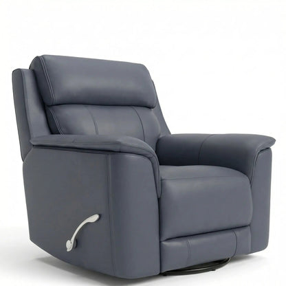 Oslo manual swivel glider recliner in gray leather with padded headrest and lever on Tampa Home & Garden Store