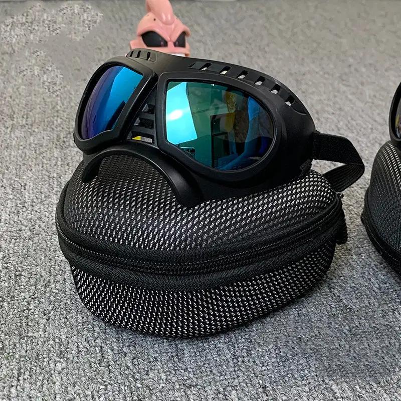 Dog sunglasses goggles with black frame and blue mirrored lenses atop a black zippered case on Tampa Home & Garden Store