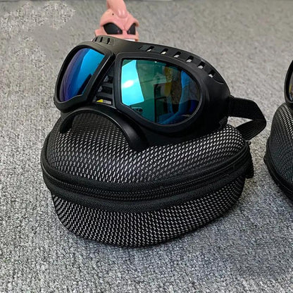 Dog sunglasses goggles with black frame and blue mirrored lenses atop a black zippered case on Tampa Home & Garden Store