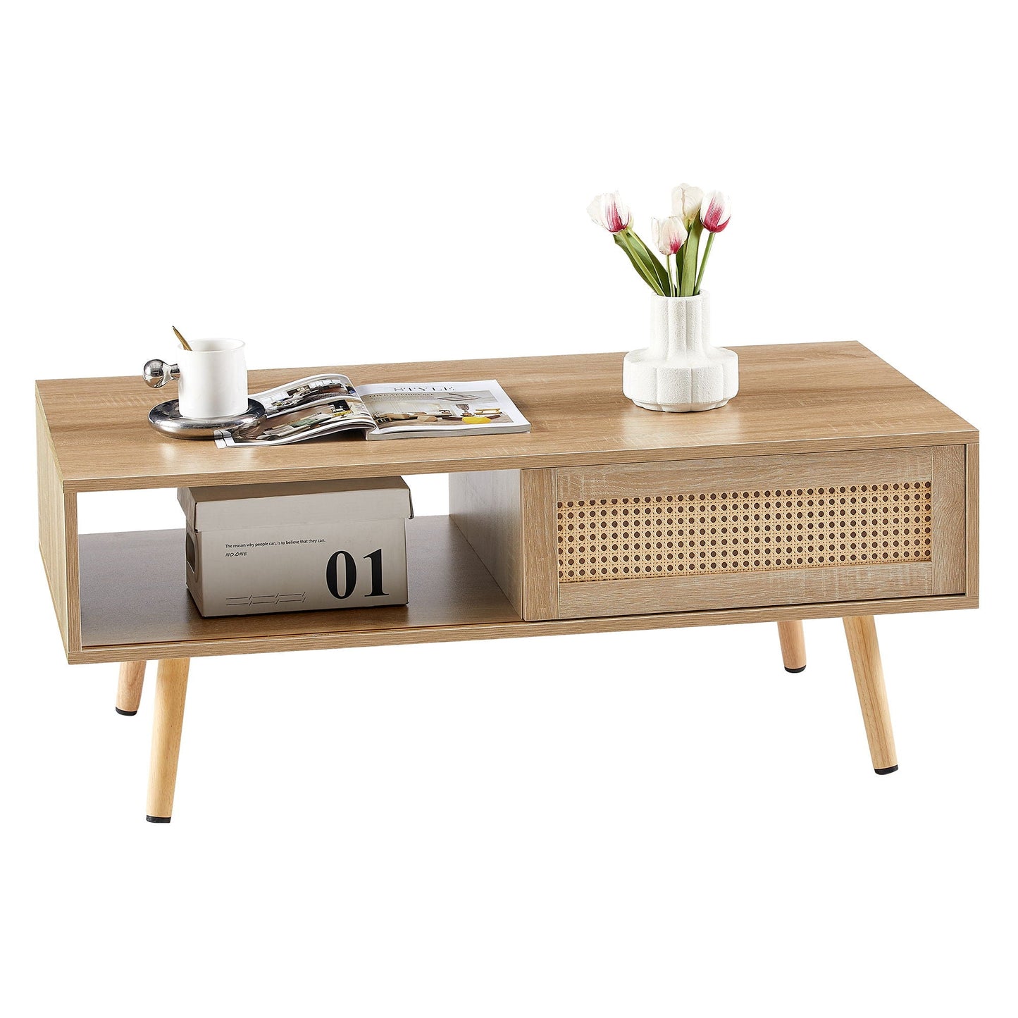 41.34in Rattan Coffee Table with sliding storage door; solid wood legs; woven cane panel on Tampa Home & Garden Store