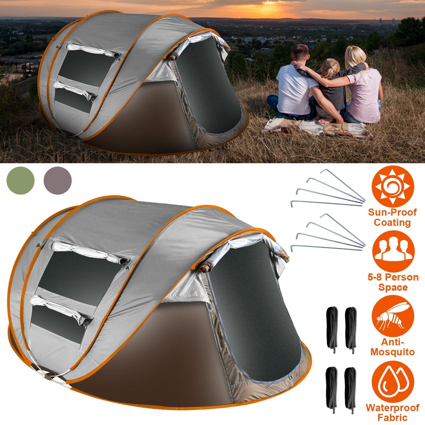 GemGear pop up tent 3-4 person automatic setup gray waterproof fabric mosquito net windows on Tampa Home & Garden Store