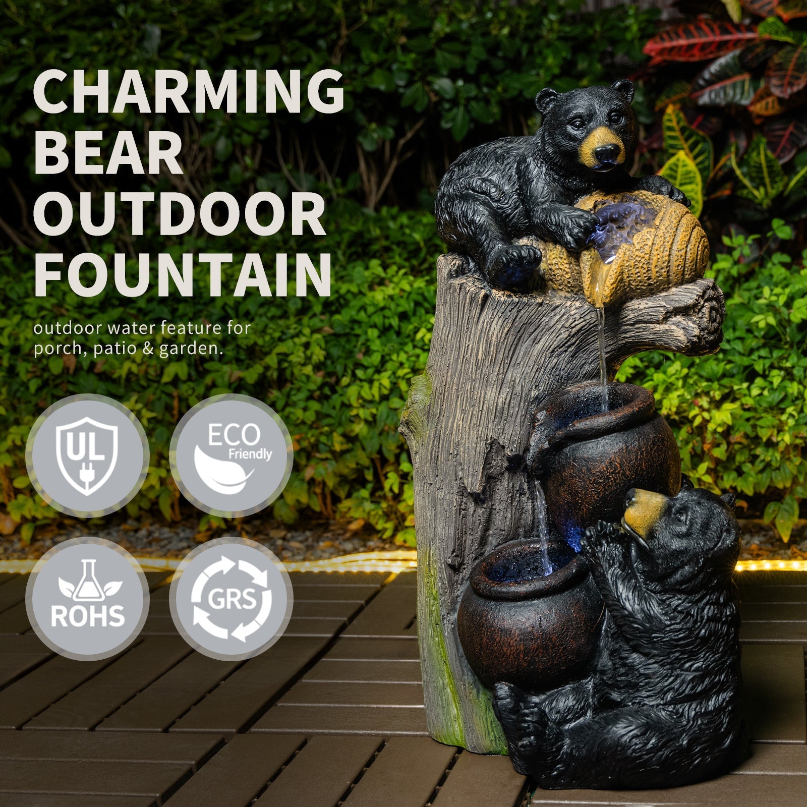 Bear Outdoor Water Fountain with LED Lights by HouseOfZazla adult and cub bears resin statue on Tampa Home & Garden Store