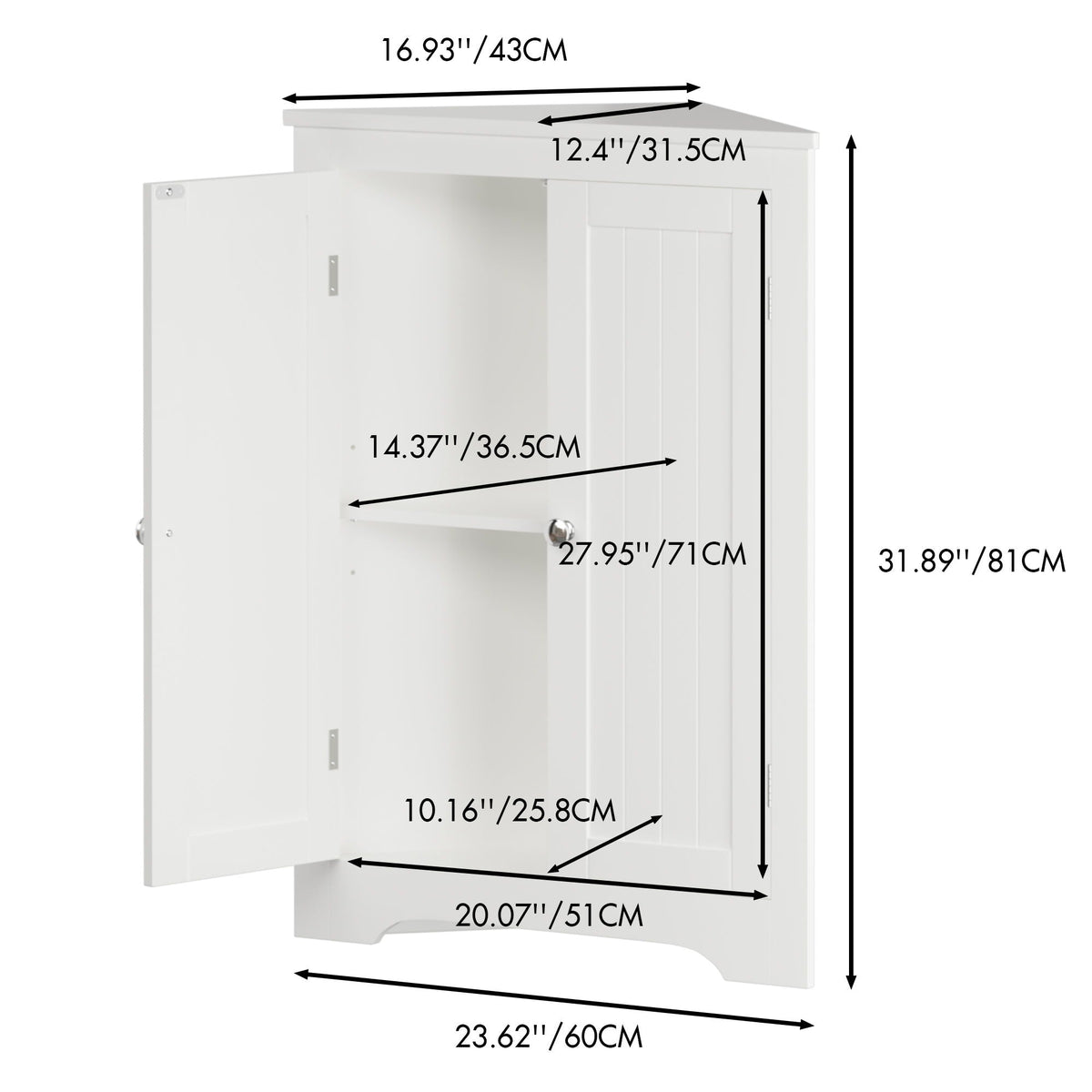 Corner white linen cabinet with 2 doors and adjustable shelves freestanding bathroom storage on Tampa Home & Garden Store
