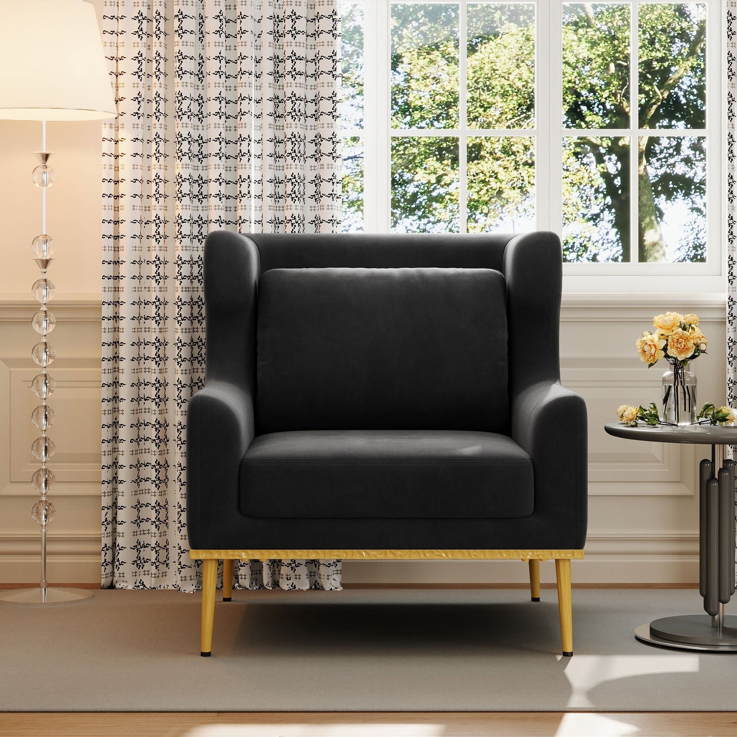 Elegant Curved Armrest Accent Armchair in black upholstery with yellow legs in a living room on Tampa Home & Garden Store