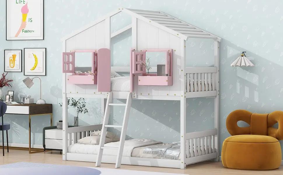 House bunk bed with roof, pink window boxes, ladder, guardrails by Unique Piece Furniture on Tampa Home & Garden Store