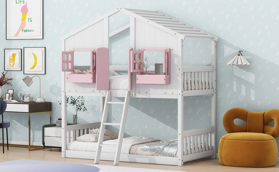 House Bunk Bed With Roof and Window by HouseOfZazla white frame with pink guardrails ladder on Tampa Home & Garden Store