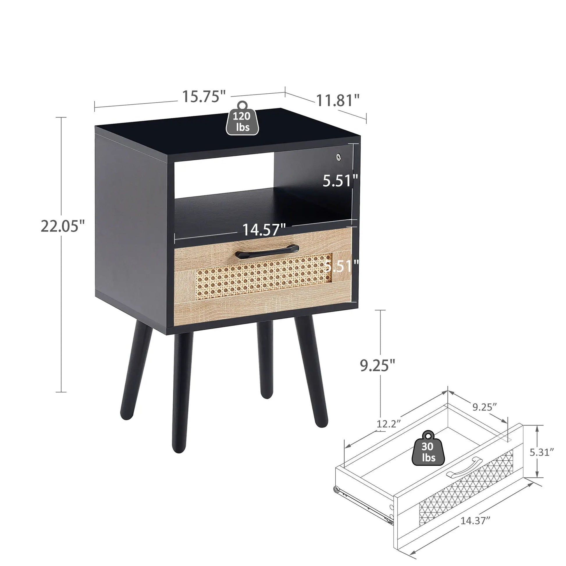 Accent nightstand with 15.75in rattan front drawer, black body, solid wood legs on Tampa Home & Garden Store