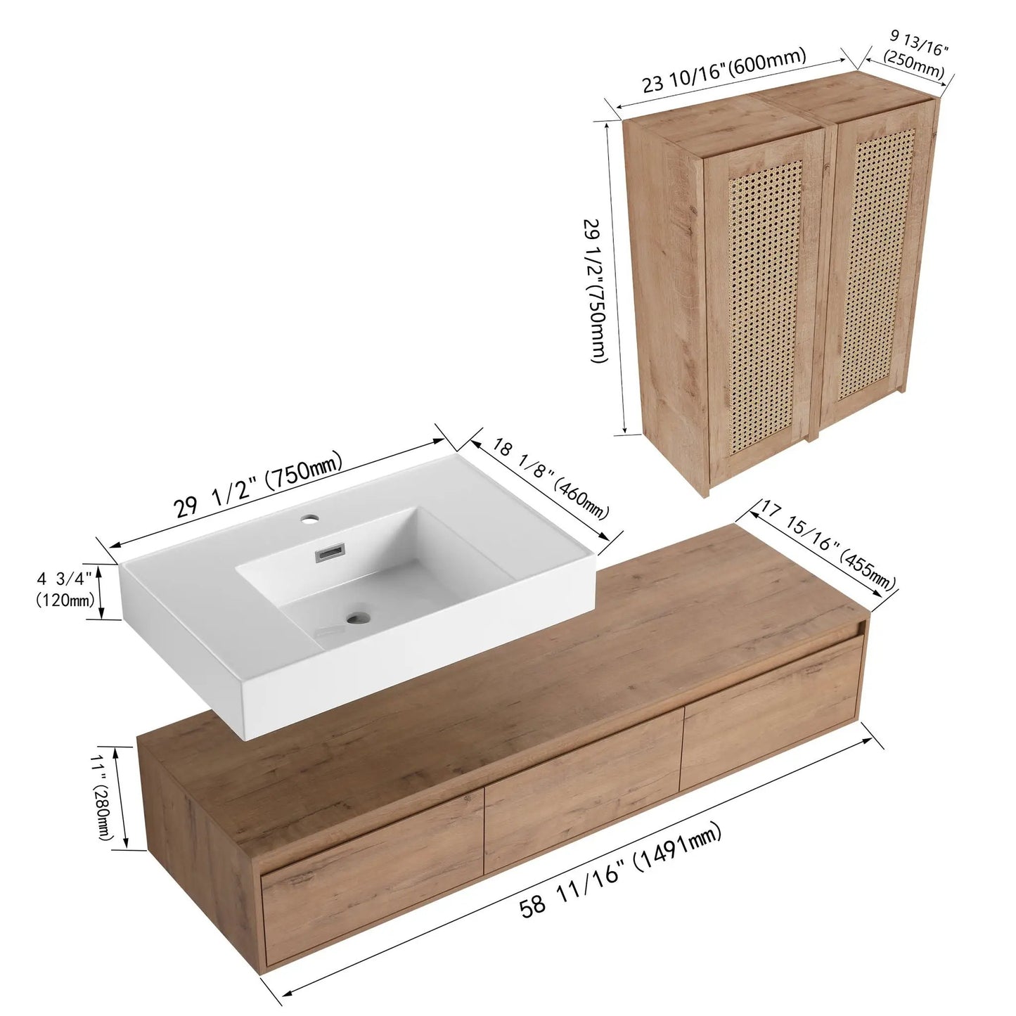 Modern Wall Mounted Vanity with Resin Sink in Oak