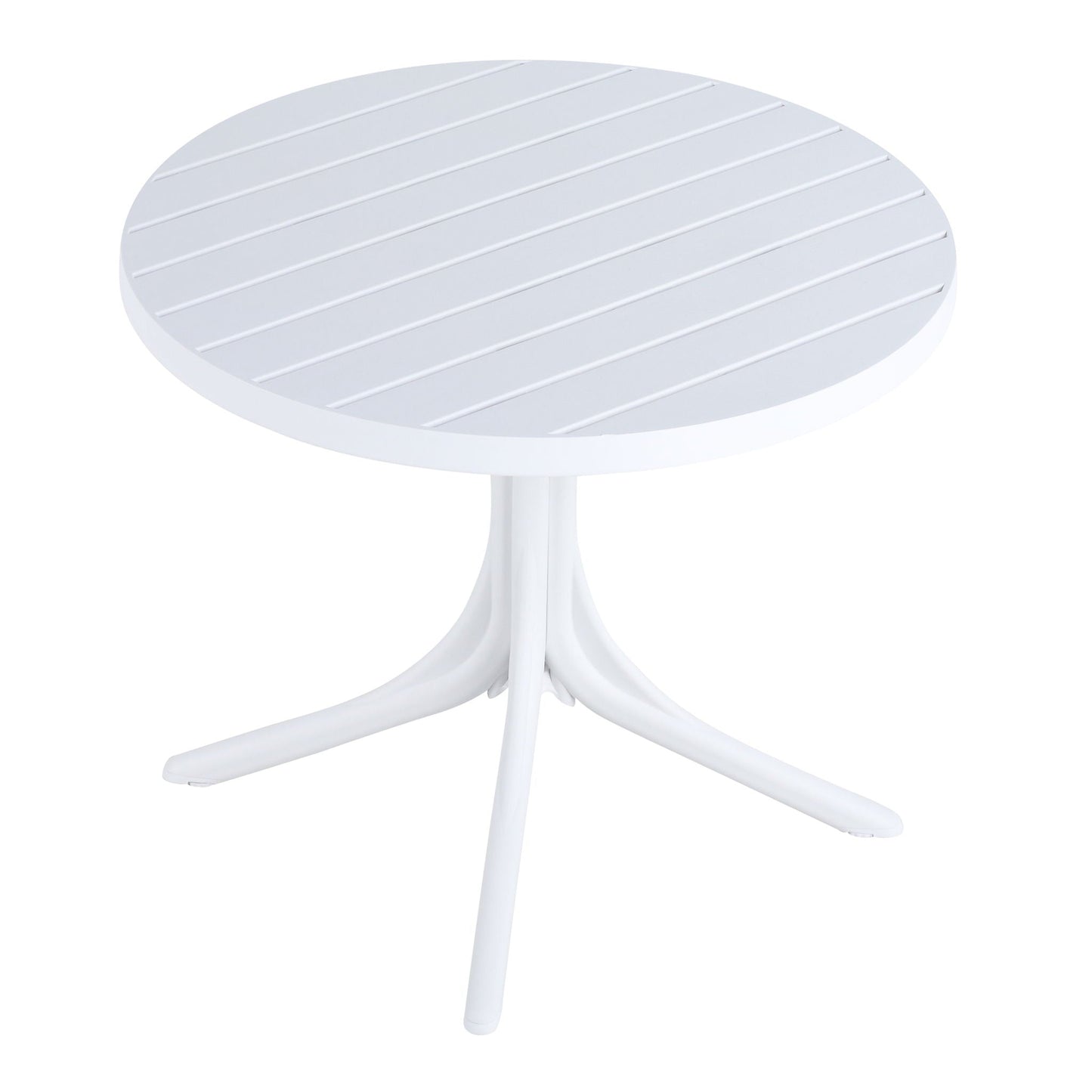 Modern white round outdoor dining table with slatted top and pedestal base by HouseOfZazla on Tampa Home & Garden Store