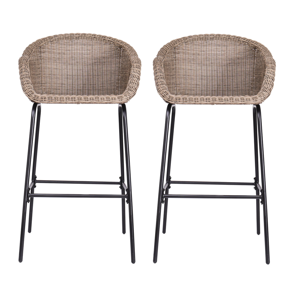 Ladd outdoor metal wicker barstool pair, light brown woven seat with black metal legs on Tampa Home & Garden Store