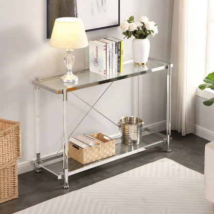 Chrome glass sofa table by Unique Piece Furniture with clear top and chrome legs and vase on Tampa Home & Garden Store