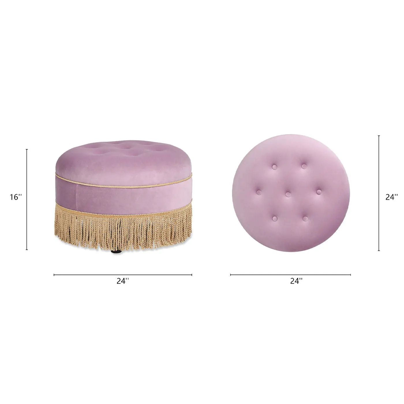 Yolanda round upholstered accent ottoman purple velvet with gold fringe trim on Tampa Home & Garden Store