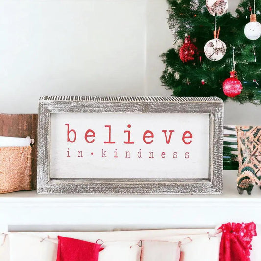 Believe Sign by Gia Roma, distressed silver frame Christmas sign with red lettering on Tampa Home & Garden Store