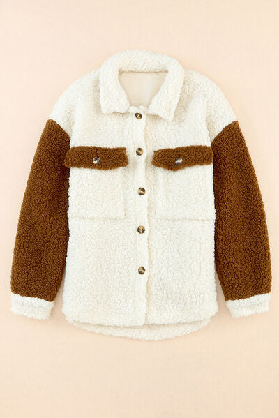 Stevvex sherpa jacket with cream body and brown sleeves, button closure, collared neck on Tampa Home & Garden Store